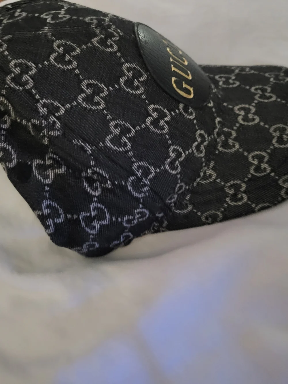 Gucci Black GG Jacquard Cap with Leather Gold Logo Detailing